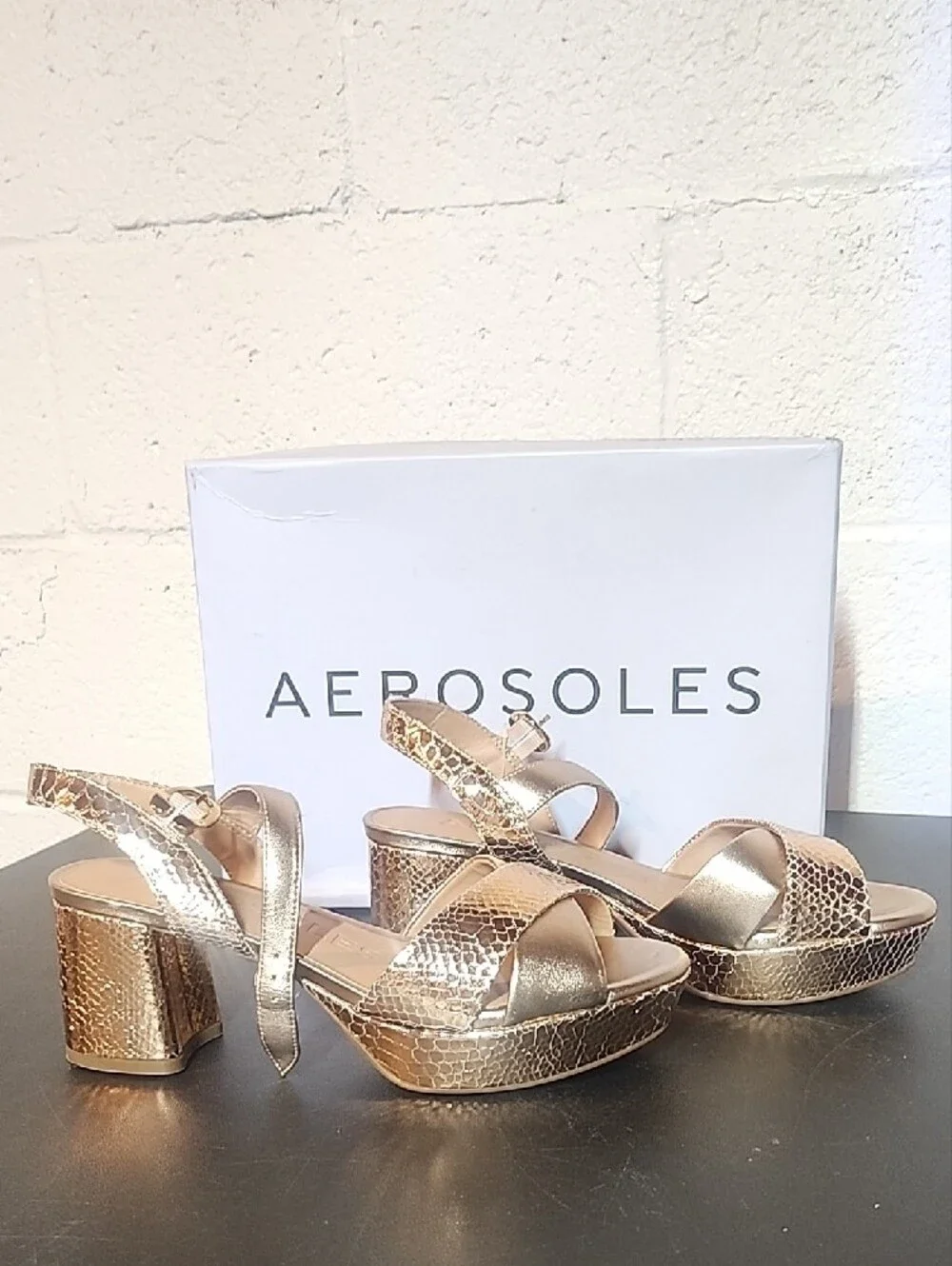 AEROSOLES Rose Gold Snake-Print Platform Sandals